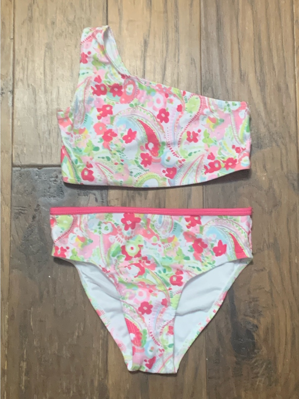 Floral One-Shoulder Bikini Set in Pink and Lime Green